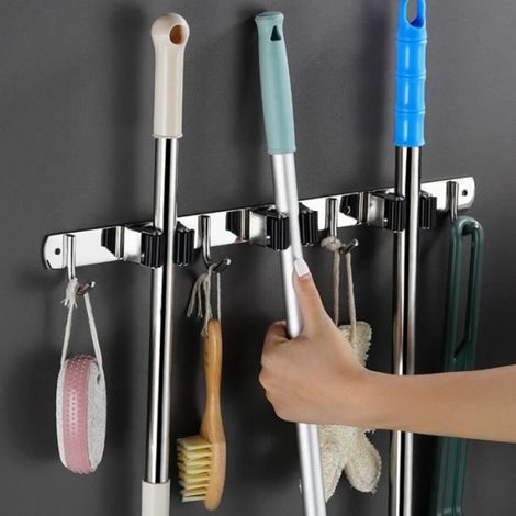 Porte Balais Mural - Acier Inoxydable 304 - 3 Clips 4 Crochets - Pour Balais Et Vadrouilles - 1 Pièce (1/4)