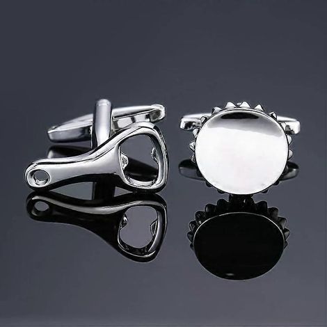 Boutons de manchette pour homme - Ouvre-bouteille en forme de capsule de bière argentée laquée émaillée - (1/2)