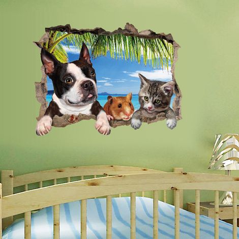 SK7150 Sticker mural 3D représentant un paysage animalier (chat, chien, souris) pour la décoration de bureaux, maisons et commerces (1/5)