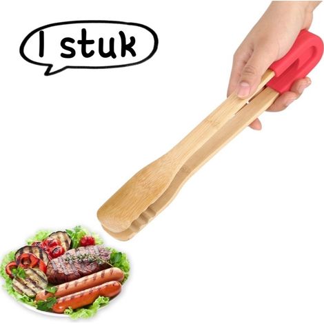1 pièce Pinces de cuisine Pinces alimentaires en bambou pinces à pain et à barbecue Pinces pour buffet pinces alimentaires en silicone Ustensiles de cuisine pinces en bambou Rouge (1/5)