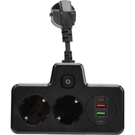 Mehrfachsteckdose mit Schalter, 2-Wege-Adapter, USB Typ-C, 6-in-1-Stromverteilung, BKL-502 EU, Schnellladefunktion, schwarz (1/5)