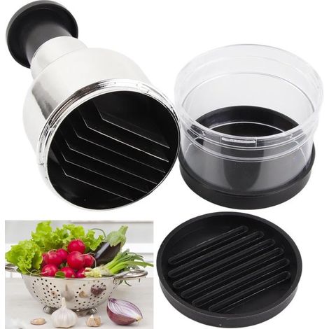 Hachoir manuel en acier inoxydable, coupe-oignon et ail à bouton-poussoir, coupe-légumes pour oignons, légumes et herbes, lavable au lave-vaisselle, argent et noir (1/5)