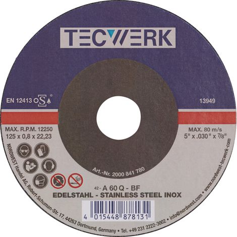 Disco  de  corte  D125x0,8mm  cóncavo  INOX  Taladro  22,23mm  TECWERK (1/2)