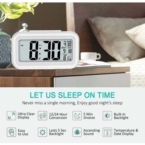 Réveil Digital Réveil Matin, Horloge Numérique Réveil à Pile Silencieux pour Enfants Adultes Grand écran LED Température Calendrier(Blanc) (1/4)