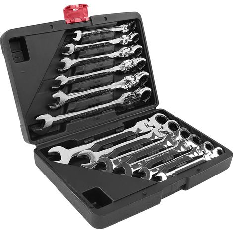 Jeu de 12 clés à cliquet ouvertes, tête flexible, 8-19 mm, en acier Cr-V, avec coffret de rangement (1/5)