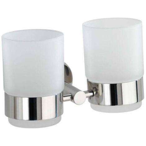 Porte Brosse à dent mural, gobelet salle de bain double, verre - fixation acier inox, 17,5x9,5x9 cm, brillant (1/4)