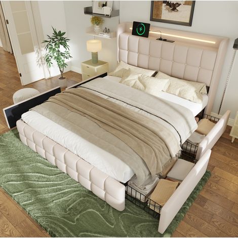 Polsterbett modern 180x200 cm beige, mit Kopfteil, USB/Steckdosen, LED und 4 Schubladen (1/5)