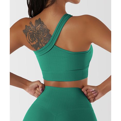 Ensemble de sport : brassière asymétrique à bretelles, taille haute, respirante et extensible, short pour la course et la danse, vert M. (1/5)