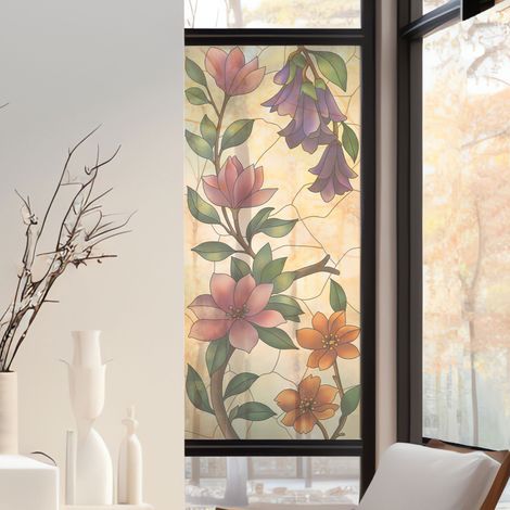 Stickers décoratifs électrostatique, grandiflore, fleurs, effet vitrail, 150 cm X 67,5 cm (1/2)
