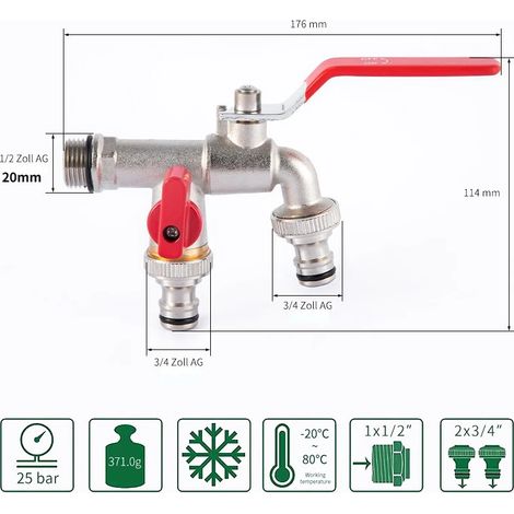 Robinet de jardin extérieur (entrée d'eau DN15), antigel, double commande, en cuivre, pour lave-linge et évier de jardin 1/2 (1/4)