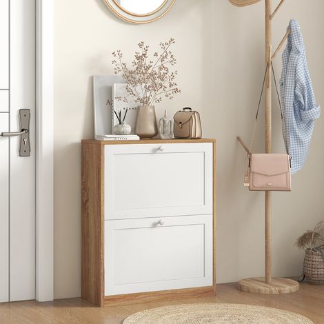 Schmale Schuhablage mit 3 verstellbaren oder herausnehmbaren Ablagen für 12 Paar Schuhe, platzsparender Schuhschrank aus Spanplatte und MDF, 60 x 24,5 x 75,5 cm, Weiß und Eiche