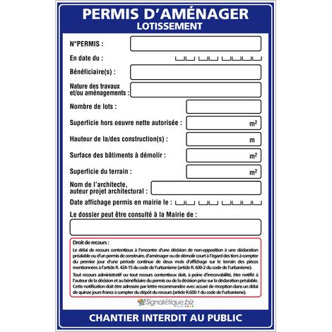 Panneau Permis d'aménager Lotissement + Marqueur noir (W1037). Sans oeillets . - Sans oeillets