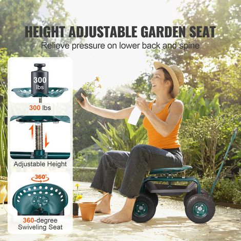 Chariot de jardin roulant avec assise pivotante 360°, tabouret horticulture, scooter à roues et poignée directionnelle, bac outils, vert, pour terrasse cour extérieur (1/5)