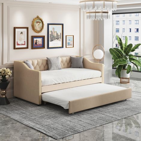 FOERPL-Gepolstertes Schlafsofa 90 x 200 cm, 2-in-1-Multifunktionsbett mit Ausziehbett, Bett 90 x 200 cm mit Lattenrost, ausziehbares, gestepptes Bett, ausziehbares Schlafsofa