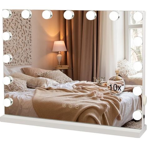 Miroir Maquillage Hollywood Lumineux, Miroir Coiffeuse LED 15 Lumières Dimmables 58X45cm, Contrôle Tactile 2 Couleurs Montage Mural Blanc (1/5)