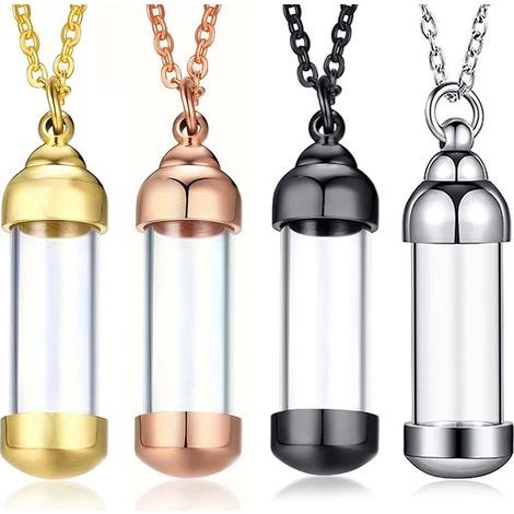 Ensemble de quatre urnes funéraires cylindriques transparentes avec chaîne et pendentif de rangement à visser. Convient pour conserver des souvenirs personnels tels que des poils d'animaux, des dents (1/5)