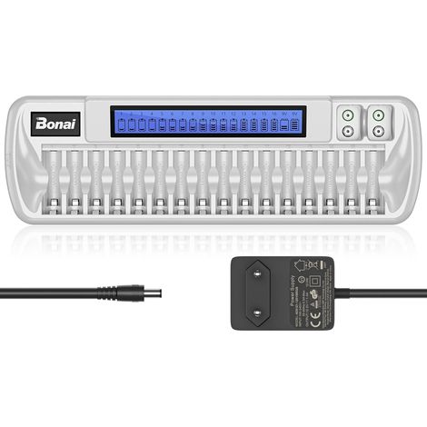 Chargeur Piles Rechargeable Rapide 16+2 Solts, Universel pour AA/AAA/Ni-MH/Ni-CD/9V Piles Rechargeables, Écran LCD Intelligent, Chargeur Rapide DC 12V/1A (1/5)