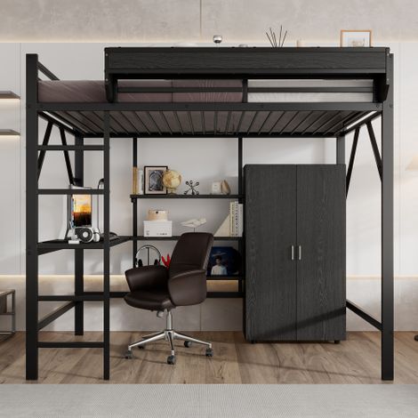 Lit mezzanine 140x200cm, Rangement à deux niveaux sous le bureau, Lit supérieur avec rangements, Armoire incluse, Métal + MDF, Noir