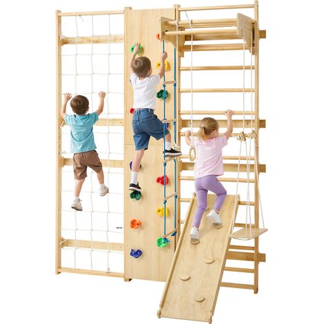 Espalier en Bois Massif, Échelle Suédoise Murale 12 Niveaux, Charge 100 kg, Gym Mural 9-en-1 avec Mur d'Escalade, Anneaux, Barre de Traction, Planche d'Escalade, Toboggan et Balançoire (1/5)