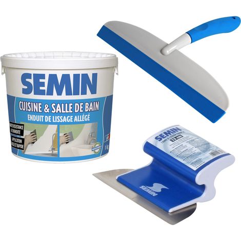 Enduit de lissage cuisine et salle de bain Semin - seau de 1 kg, une lame CE 78 pour enduire et lisser - 15 cm et une raclette à lisser - 30 cm (1/5)