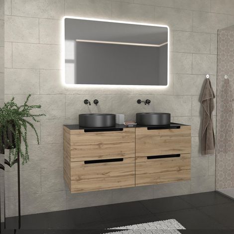 Mobile bagno 120cm effecto Rover e nero, lavabi rotondi Ø36cm e specchio LED 120x70 - OMEGA