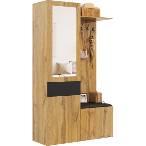 Vestiaire d’entrée mural avec miroir, 5 patères, banc à chaussures, rangements fermés et étagères, noir et bois clair, pour hall d’entrée  CHICFURN (1/5)