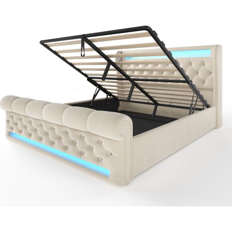 Lit coffre 140x190 cm en velours beige avec LED USB et USB-C (1/5)