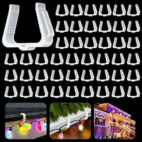 Packung mit 50 Dachrinnenhaken für Lichterketten, 4,93 cm, Dachrinnenbrückenhalterung, Befestigungshaken für Lichterketten, Dachrinne, Außenbeleuchtungsclips für Zäune, Tropfkanten, Dachvorsprünge, We (1/5)