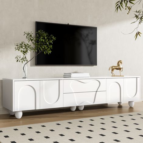 Meuble TV 180x40x42 cm blanc en panneau de particules avec rangements et pieds en bois massif (1/5)