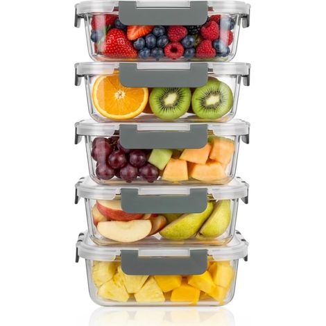 Lot de 5 Lunch Box et Boîtes Alimentaires en Verre (370 ml) - Hermétiques et Sans BPA avec Couvercle - Compatible Micro-ondes, Congélation, Lave-vaisselle - Pour Meal Prep (1/5)