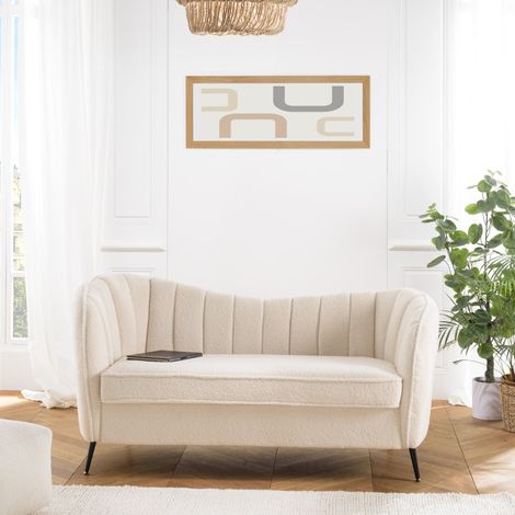 LEOPOLD - Canapé vague 2 places tissu bouclette blanc pieds métal (1/5)