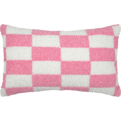 Coussin rectangulaire en bouclette à motif damier Rose 30x50 cm (1/4)