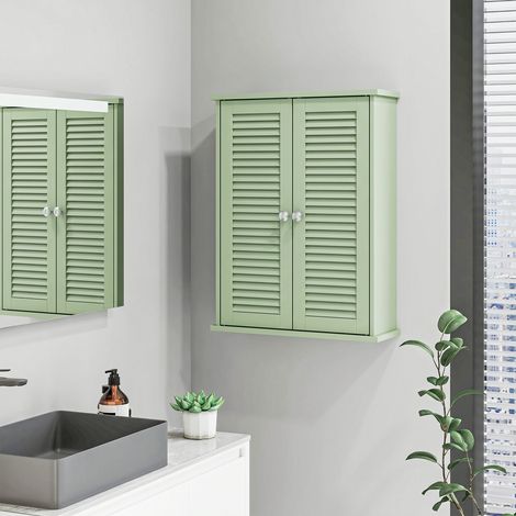 Armoire Murale Salle de Bain Suspendue, 2 Portes Persiennes, Étagère Réglable, Vert (1/5)
