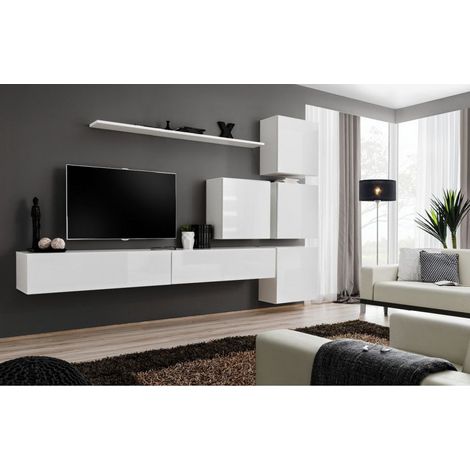 Ensemble meuble TV mural  - Switch IX - 310 cm x 200 cm x 40 cm - Blanc - Livraison gratuite