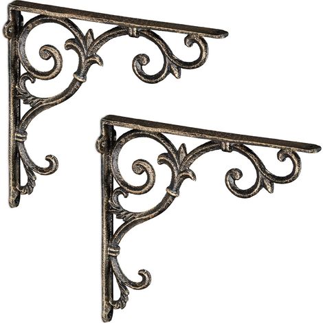 Équerre étagère Murale, Lot de 2, Support en Fonte de Fer, Ornements baroques, Vintage, Couleur Bronze (1/5)