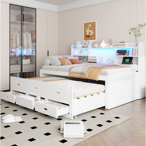Cama diván moderna 90x200 cm blanca en aglomerado y MDF, con LED, 3 cajones, cama nido extraíble y USB + Type-C (1/5)