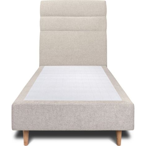Lit 90x190cm avec tête de lit lignes tissu et sommier tapissier Beige clair - Hauteur totale : 35cm (1/4)