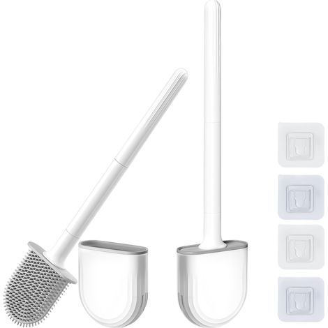 2PCS Brosse Toilettes WC Silicone et Supports, Blanc (1/5)