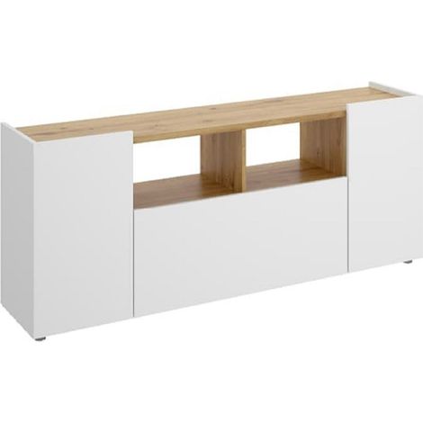 Meuble TV en panneaux de particules mélaminés coloris chêne/blanc - Longueur 141.7 x Profondeur 34.7 x Hauteur 43.8 cm -PEGANE- (1/5)