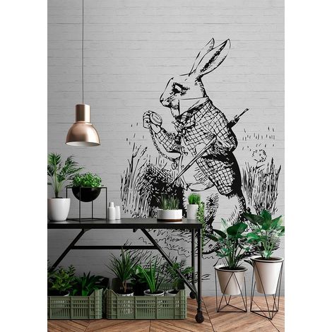 Papier peint panoramique lapin noir & blanc | Tapisserie panoramique animaux effet dessin | Papier peint panoramique chambre enfant moderne - 270 x 400 cm (4 pièces) (1/5)