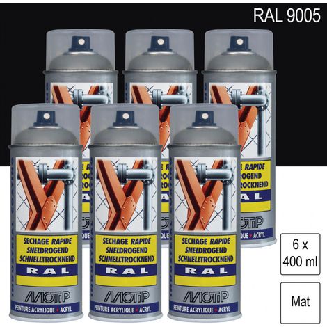 Lot de 6 Peintures aérosol RAL 9005 Noir foncé mat 400ml MOTIP
