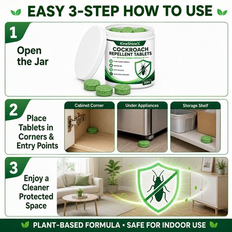 KineShineX Plant-Based Cockroach Repellent Tablets, 30 Tablets, for Indoor Use in Kitchen Cabinets and Sinks. (1/4)