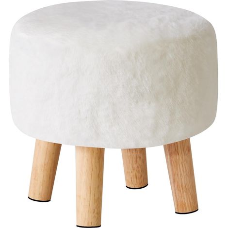 Tabouret Pouf Ottoman Moderne en Bois Massif, Rond et Bas, Repose-Pieds pour Salon et Chambre, 32×32×32CM, Blanc (1/5)