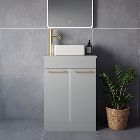Napoli 390 Gloss Grey Pearl 600mm 2 Door Vanity Unit for Countertop Basins - 600mm - Brushed Brass 160mm Handle