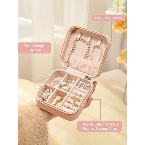 Kleine, kompakte Schmuckschatulle aus PU-Leder, tragbarer Organizer für Reisen oder Zuhause, mit Reißverschlusstasche, für Ohrringe, Halsketten und Ringe (Rosa, Valentinstag) (1/5)
