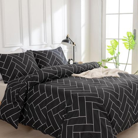 Bettwäsche-Set 240x220 cm Mikrofaser Karomuster Schwarz mit Reißverschluss