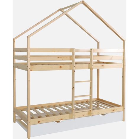 Litera infantil 190cm en pino natural estilo cabaña con somier y cajón (1/5)