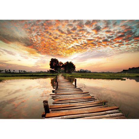 Tableau paysage lac & lever de soleil | Tableau cuisine orange & vert | Tableau sur toile parfait pour chambre adulte & couloir 0,7 x 0,5 m (1/2)