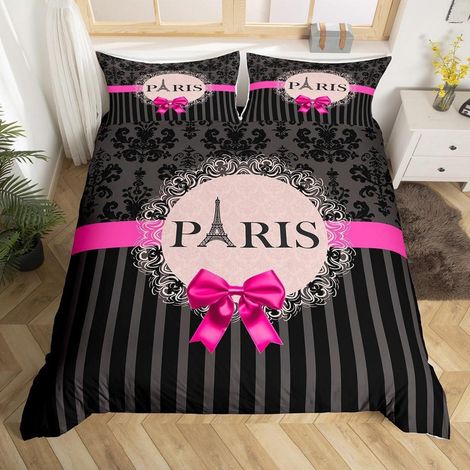 Bettwäsche-Set Eiffelturm Paris 220x240cm Schwarz Grau Rosa Vintage Gothic für Mädchen Frauen