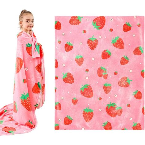Couverture en flanelle à imprimé fraise, couverture douce en peluche rose, couverture chaude universelle pour enfants et adultes, couverture cadeau de Noël et d'anniversaire, 130 x 150 cm. (1/5)